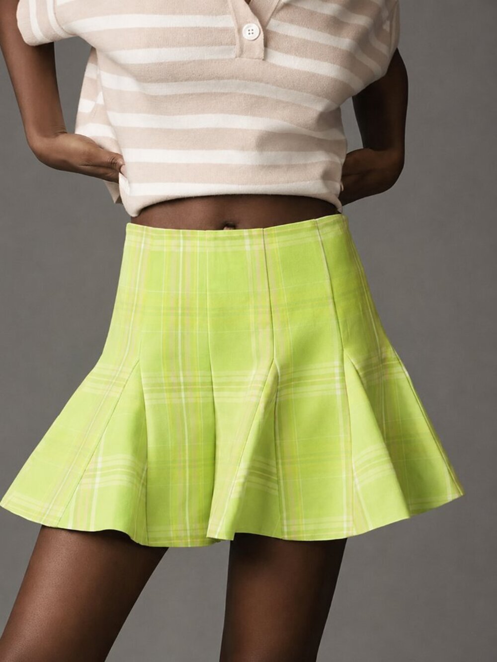 Anthropologie NEW Maeve Lime Green Plaid Godet Pleated Skort Shorts SZ 8 Preppy